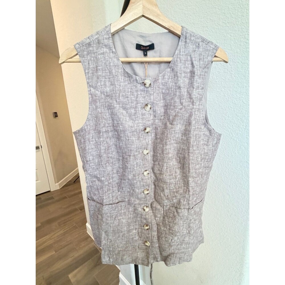 Quince 100% European Linen Longline Vest Sleevless Taupe Brown Chambray S